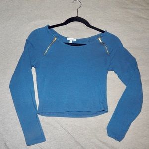 Blue Long Sleeve Crop Top - Zipper Shoulders